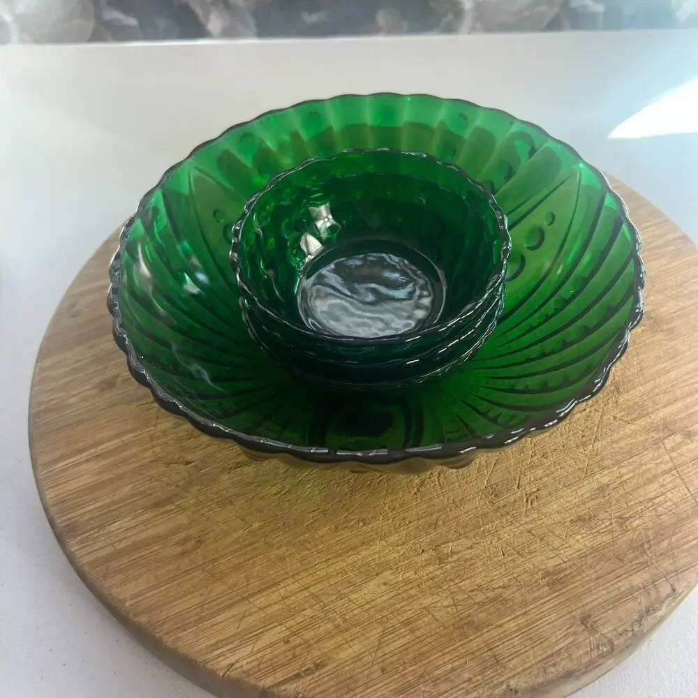 Vintage Anchor Hocking Bowl Set of 4 Forest Green Burple Salad Snack Chip Bowl